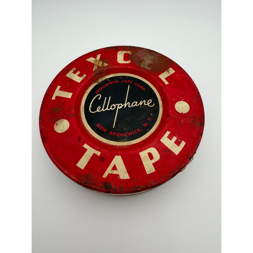 Vintage Texcel Cellophane Tape Tin Industrial‎ Tape Corp New Brunswick Red Black